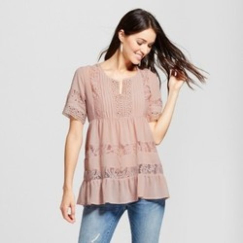 Knox Rose Dusty Pink Boho‎ Crochet Peasant Top, S